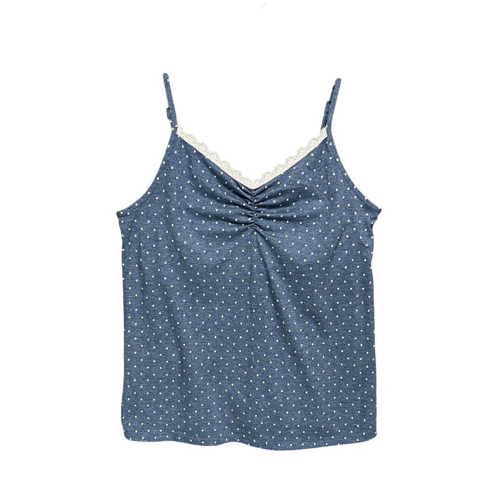 Wunderlove Blue Polka Dot Lace Trim Camisole Top XL Ruched Bust Sleeveless Y2K